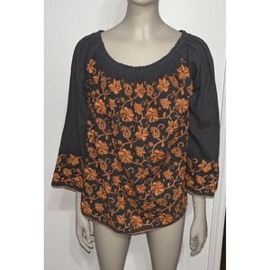 Sister Mary Women's Top Gray W/ Orange Floral Paisley Embroidery Off Shoulder SM